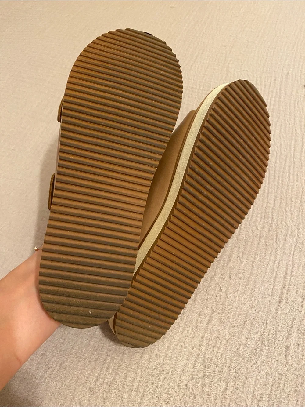 NISOLO Women's Double Strap Slide Sandals in Tan. Size 7.5